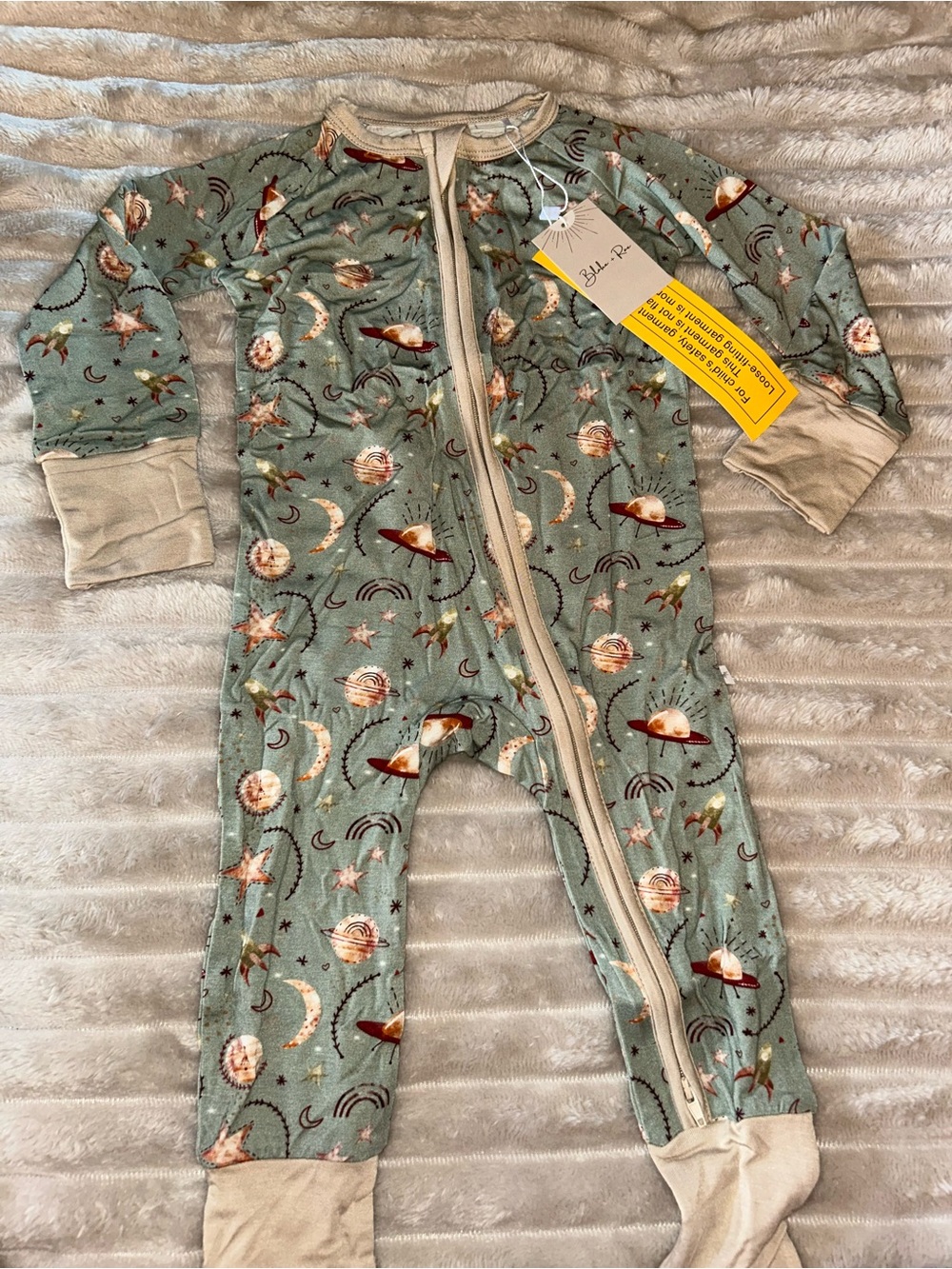 BAMBOO Sage Green Space-Print Footed One-Piece